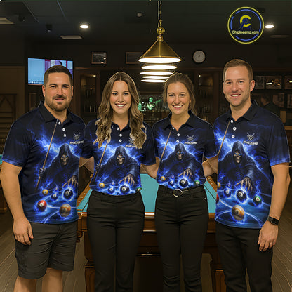 Blue Flaming Grim Reaper Billiard Shirt For Women Custom Pool Team Jersey Polo & Quarter Zip Shirt TDM5738