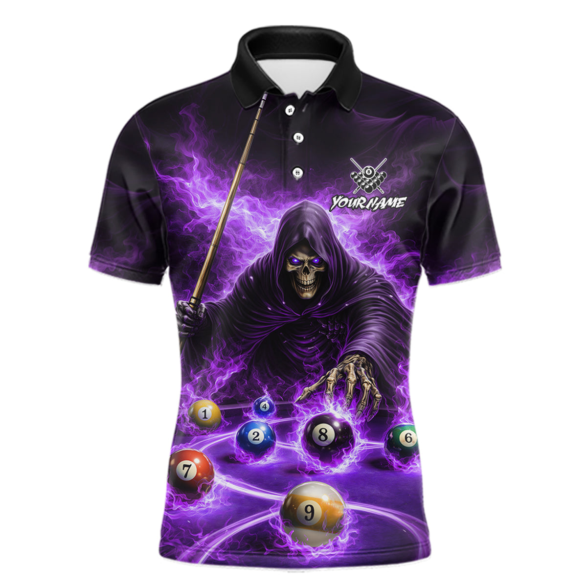 Purple Flaming Grim Reaper Billiard Shirt For Men Custom Pool Team Jersey Polo & Quarter Zip Shirt TDM5739