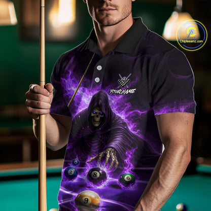 Purple Flaming Grim Reaper Billiard Shirt For Men Custom Pool Team Jersey Polo & Quarter Zip Shirt TDM5739