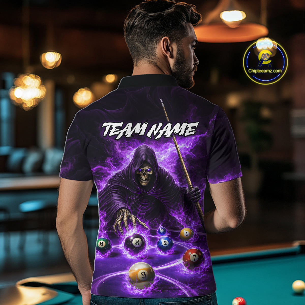 Purple Flaming Grim Reaper Billiard Shirt For Men Custom Pool Team Jersey Polo & Quarter Zip Shirt TDM5739