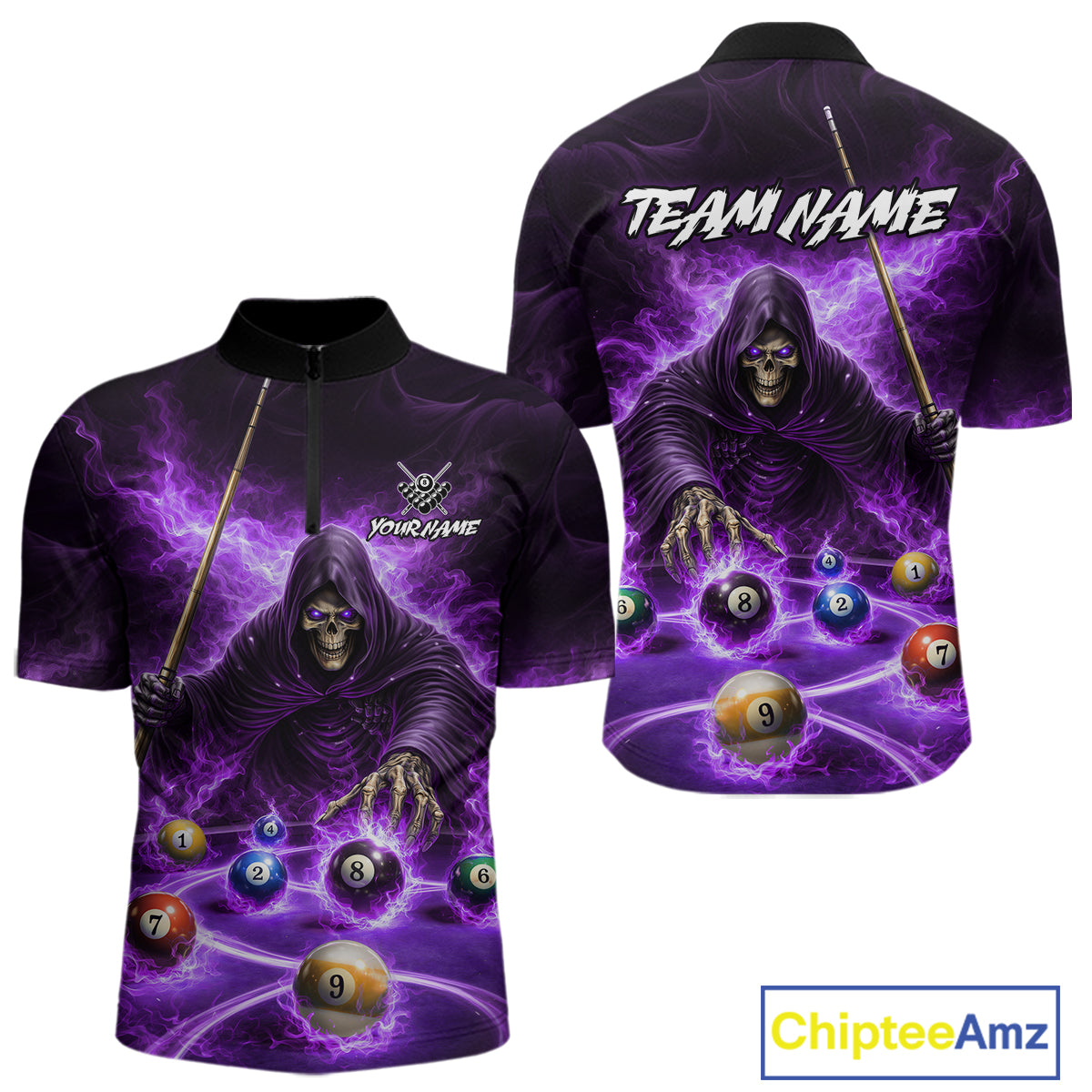Purple Flaming Grim Reaper Billiard Shirt For Men Custom Pool Team Jersey Polo & Quarter Zip Shirt TDM5739