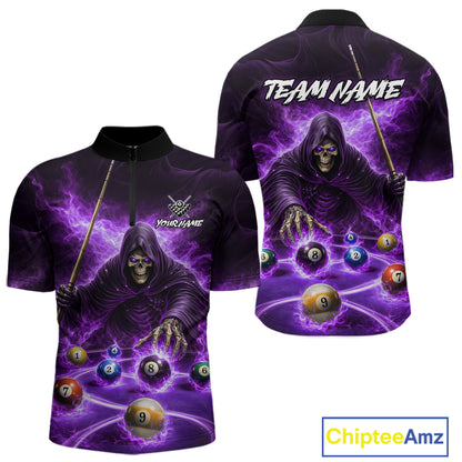 Purple Flaming Grim Reaper Billiard Shirt For Men Custom Pool Team Jersey Polo & Quarter Zip Shirt TDM5739