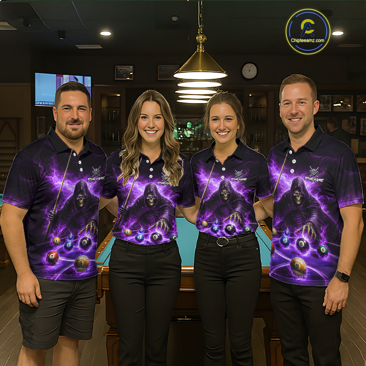 Purple Flaming Grim Reaper Billiard Shirt For Women Custom Pool Team Jersey Polo & Quarter Zip Shirt TDM5739