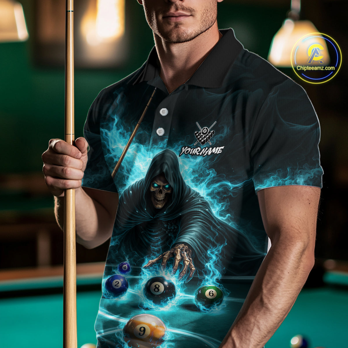 Turquoise Flaming Grim Reaper Billiard Shirt For Men Custom Pool Team Jersey Polo & Quarter Zip TDM5740