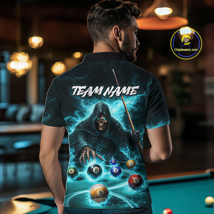 Turquoise Flaming Grim Reaper Billiard Shirt For Men Custom Pool Team Jersey Polo & Quarter Zip TDM5740