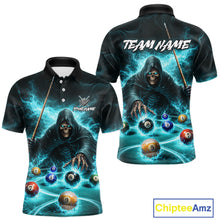 Load image into Gallery viewer, Turquoise Flaming Grim Reaper Billiard Shirt For Men Custom Pool Team Jersey Polo &amp; Quarter Zip TDM5740