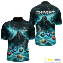 Load image into Gallery viewer, Turquoise Flaming Grim Reaper Billiard Shirt For Men Custom Pool Team Jersey Polo &amp; Quarter Zip TDM5740