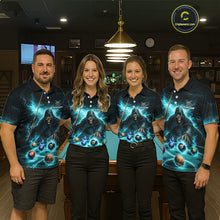 Load image into Gallery viewer, Turquoise Flaming Grim Reaper Billiard Shirt For Men Custom Pool Team Jersey Polo &amp; Quarter Zip TDM5740