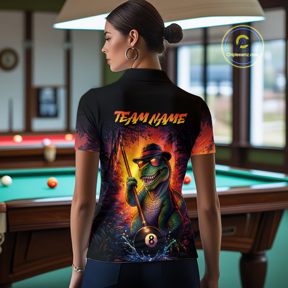 Personalized Vintage Funny Dinosaur 8 Ball Billiard Shirt For Women, Pool Team Jersey Polo & 1/4 Zip TDM7516