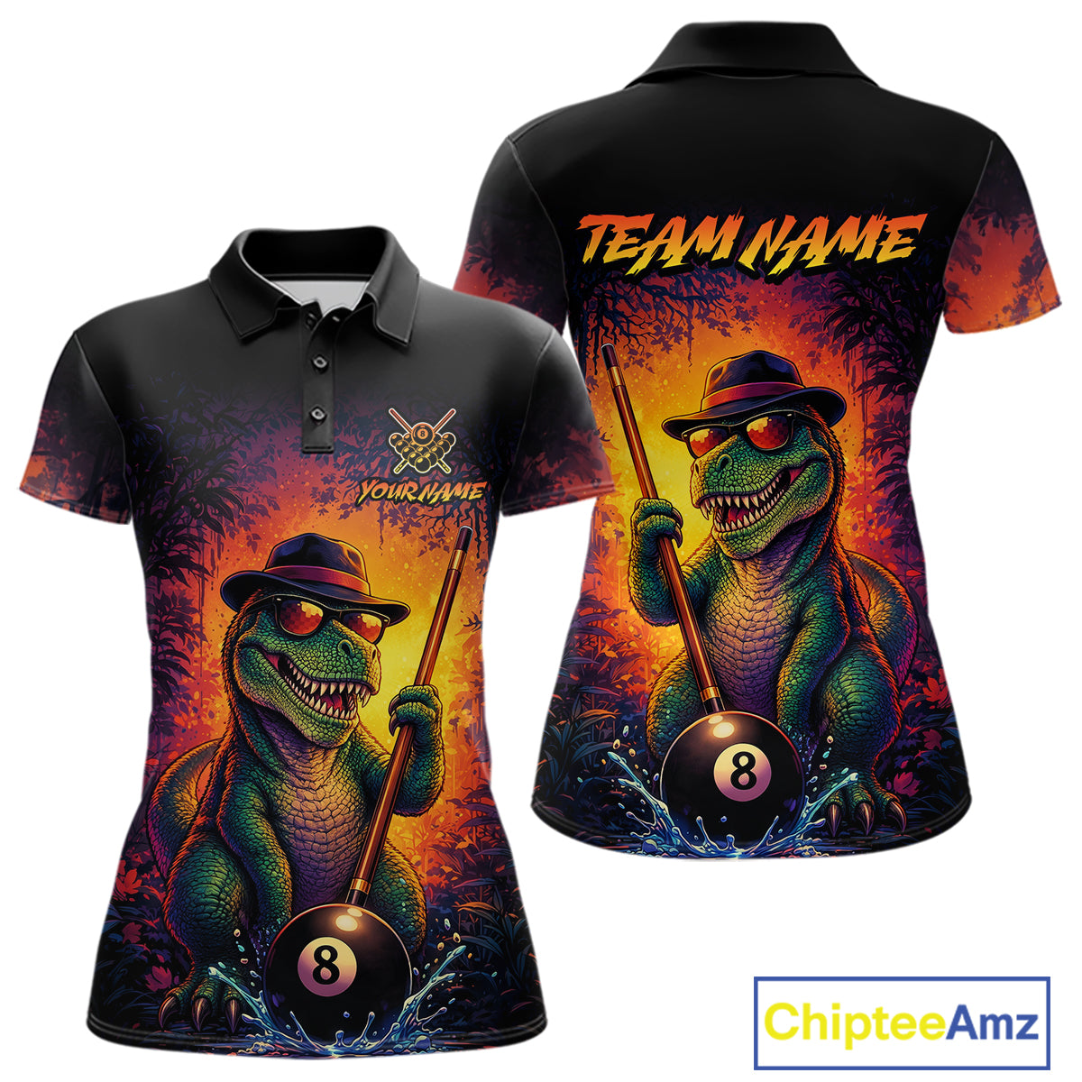 Personalized Vintage Funny Dinosaur 8 Ball Billiard Shirt For Women, Pool Team Jersey Polo & 1/4 Zip TDM7516