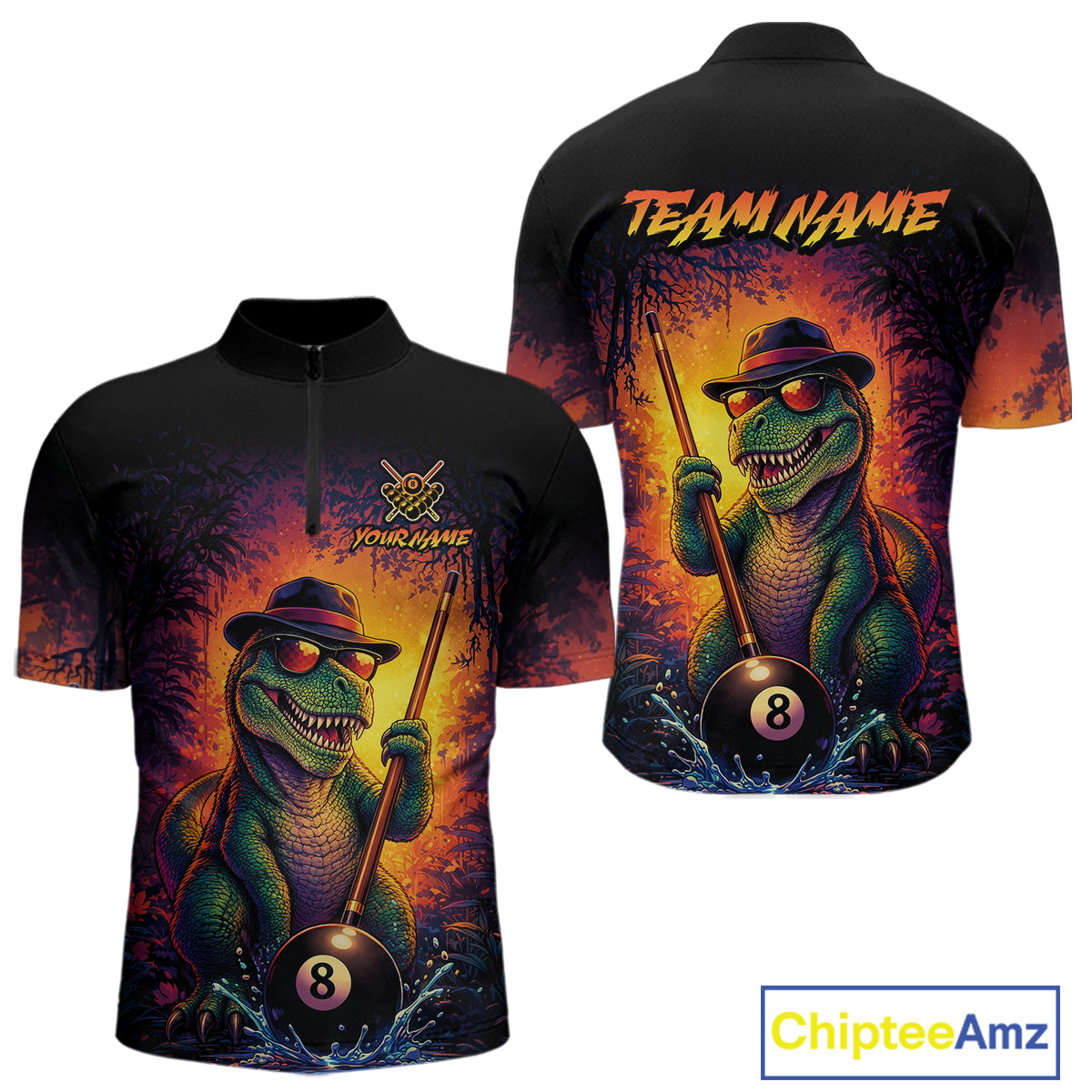 Personalized Vintage Funny Dinosaur 8 Ball Billiard Shirt For Men, Pool Team Jersey Polo & 1/4 Zip TDM7516