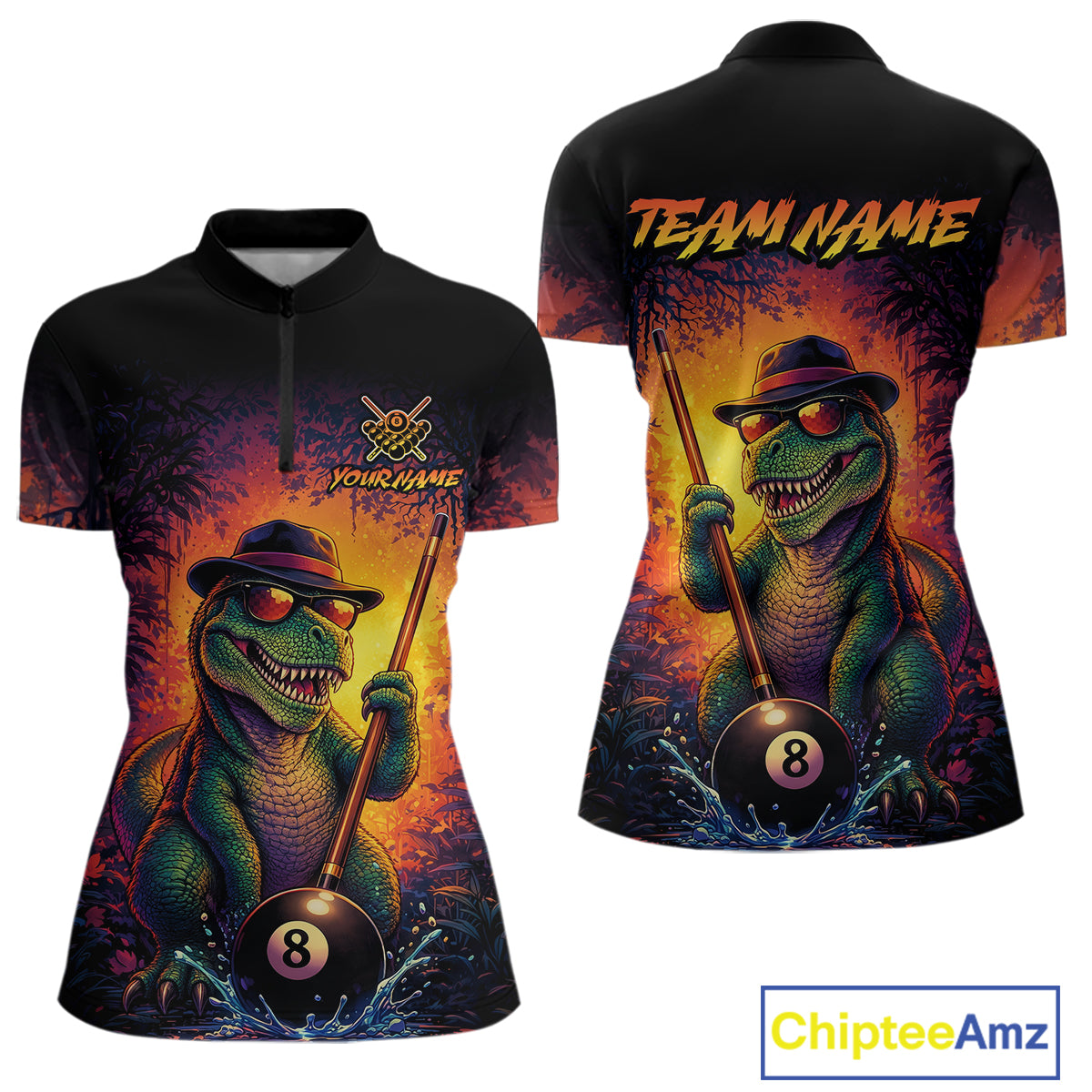 Personalized Vintage Funny Dinosaur 8 Ball Billiard Shirt For Women, Pool Team Jersey Polo & 1/4 Zip TDM7516