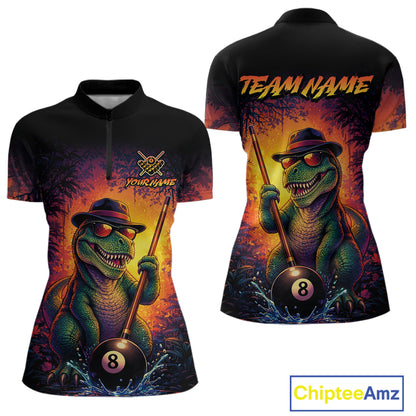 Personalized Vintage Funny Dinosaur 8 Ball Billiard Shirt For Women, Pool Team Jersey Polo & 1/4 Zip TDM7516