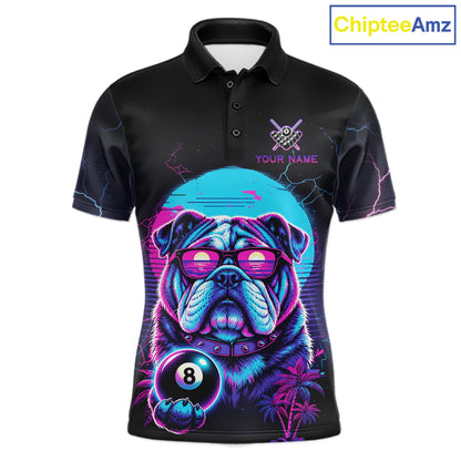 Funny Bulldog Billiard Jersey Polo & 1/4 Zip Custom Retro Neon 8 Ball Pool Team Shirt For Men TDM7517