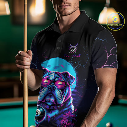 Funny Bulldog Billiard Jersey Polo & 1/4 Zip Custom Retro Neon 8 Ball Pool Team Shirt For Men TDM7517