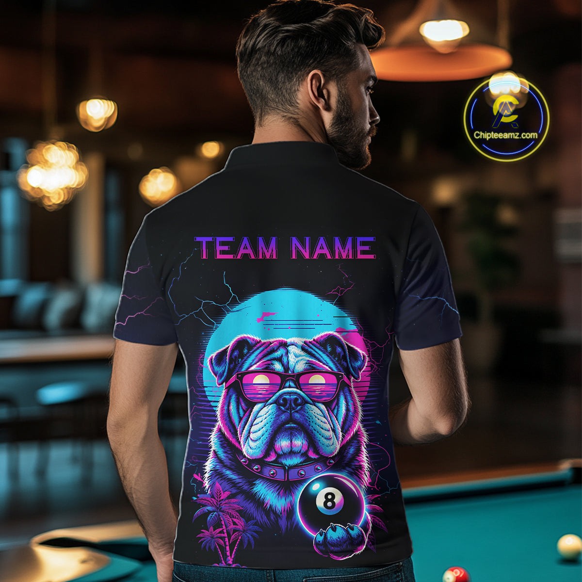 Funny Bulldog Billiard Jersey Polo & 1/4 Zip Custom Retro Neon 8 Ball Pool Team Shirt For Men TDM7517