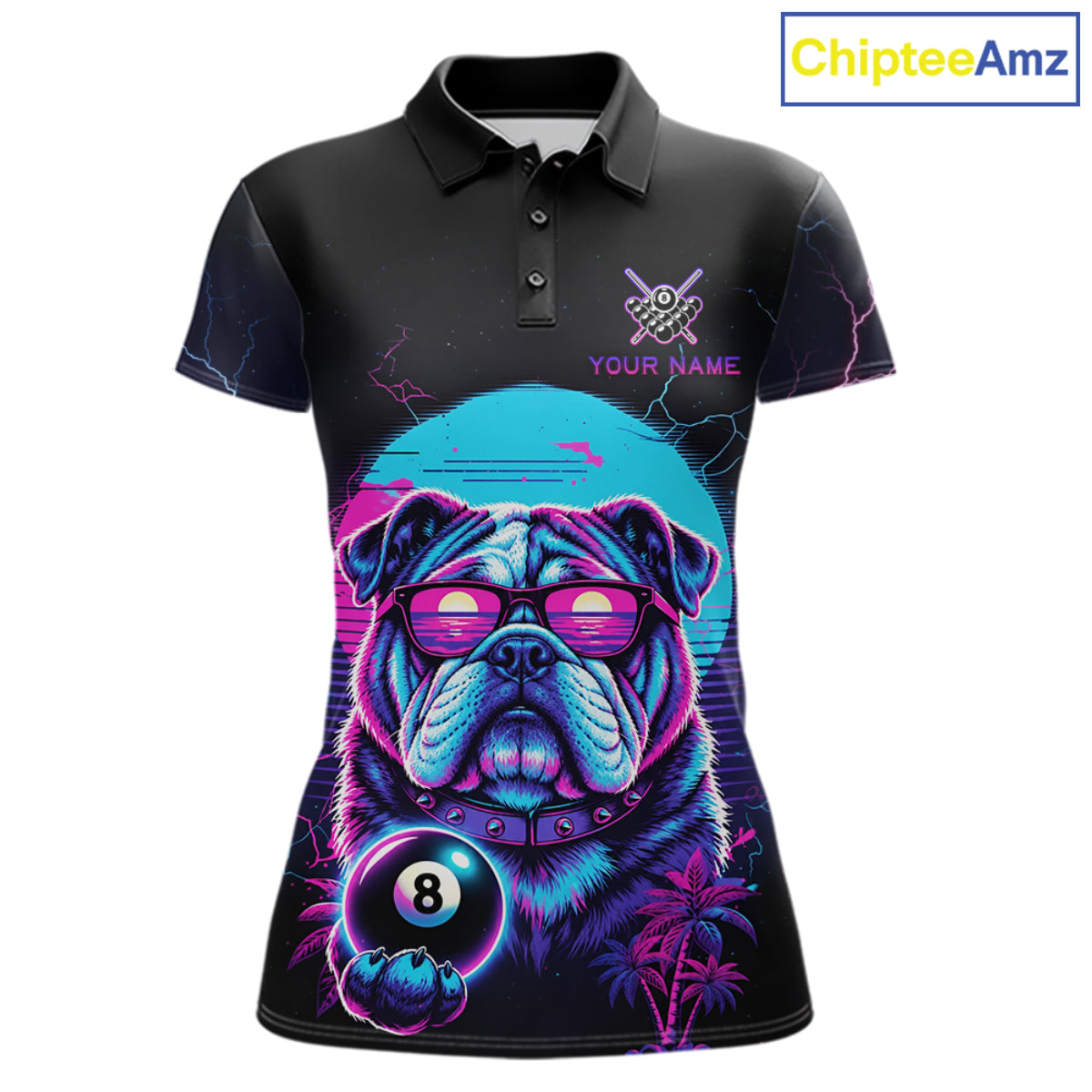 Funny Bulldog Billiard Jersey Polo & 1/4 Zip Custom Retro Neon 8 Ball Pool Team Shirt For Women TDM7517