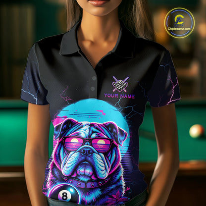 Funny Bulldog Billiard Jersey Polo & 1/4 Zip Custom Retro Neon 8 Ball Pool Team Shirt For Women TDM7517