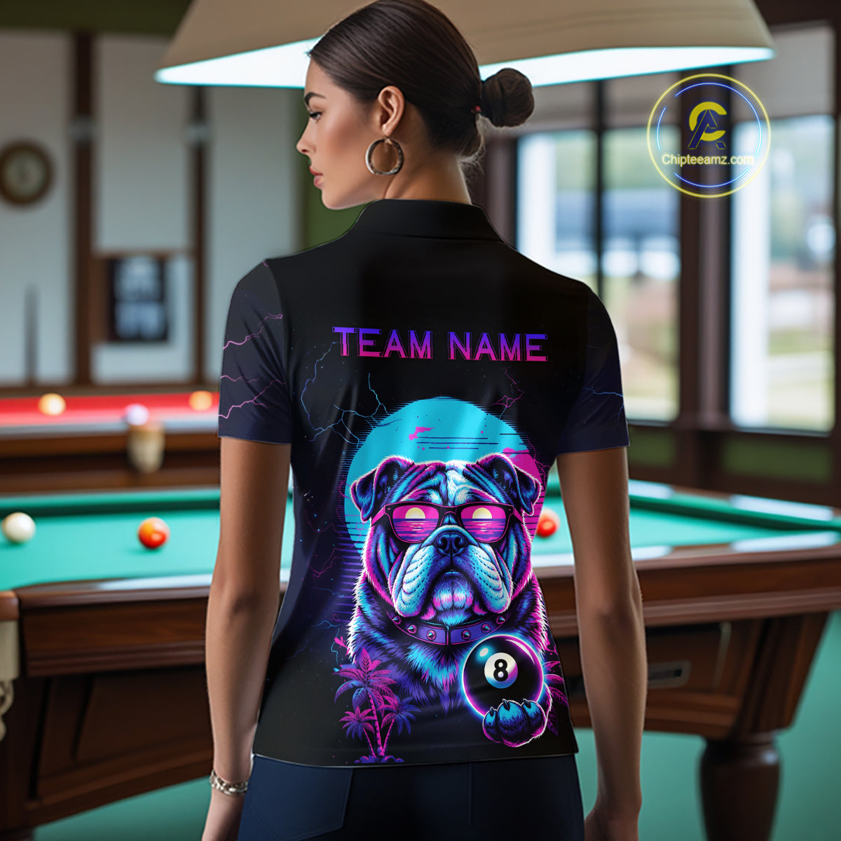 Funny Bulldog Billiard Jersey Polo & 1/4 Zip Custom Retro Neon 8 Ball Pool Team Shirt For Women TDM7517
