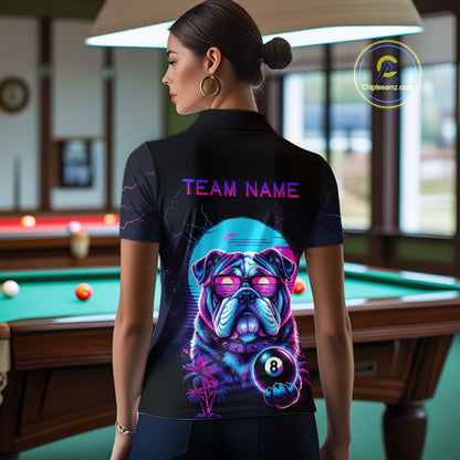 Funny Bulldog Billiard Jersey Polo & 1/4 Zip Custom Retro Neon 8 Ball Pool Team Shirt For Women TDM7517