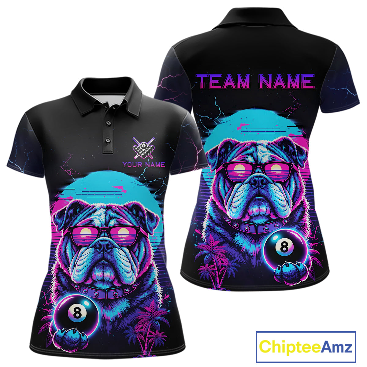 Funny Bulldog Billiard Jersey Polo & 1/4 Zip Custom Retro Neon 8 Ball Pool Team Shirt For Women TDM7517