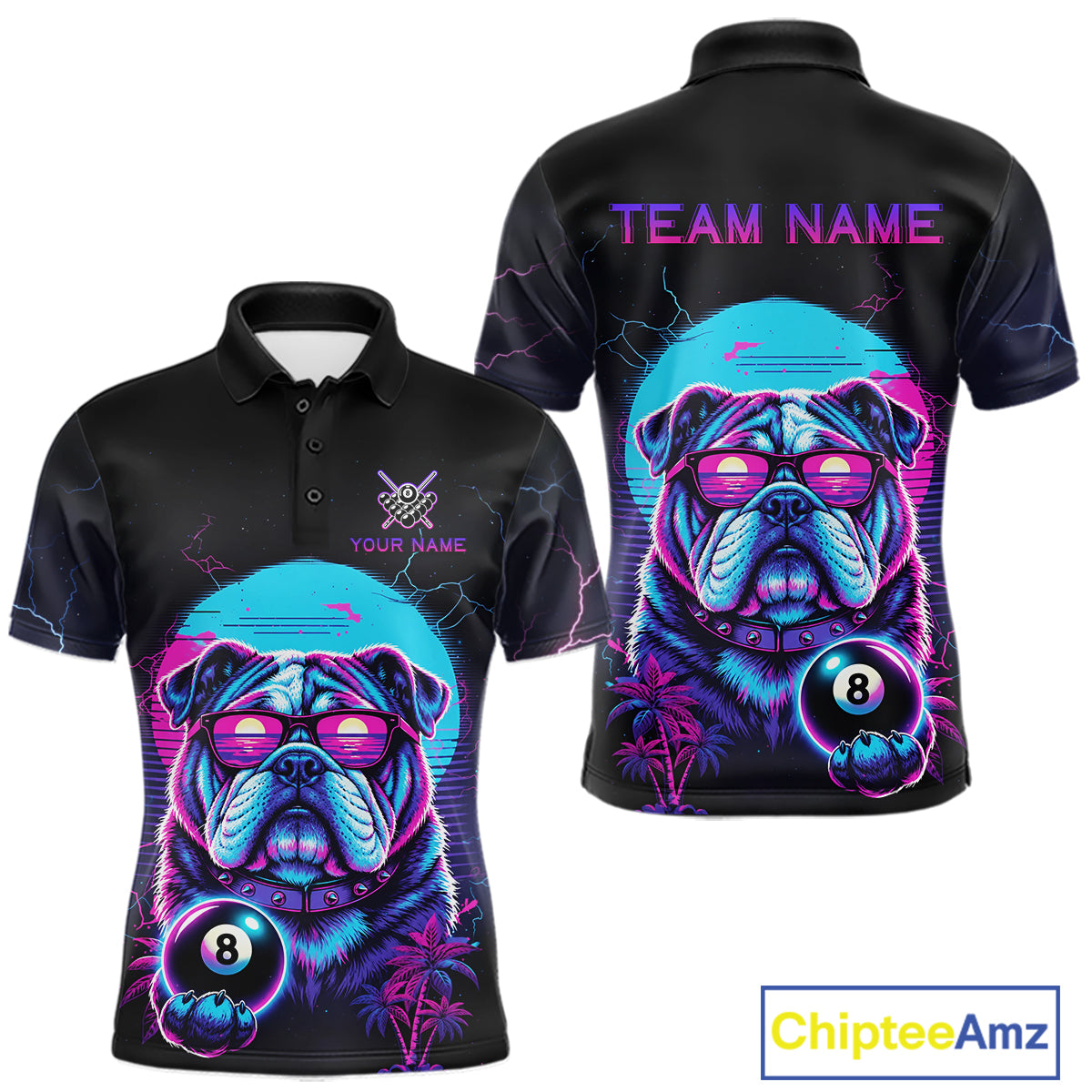 Funny Bulldog Billiard Jersey Polo & 1/4 Zip Custom Retro Neon 8 Ball Pool Team Shirt For Men TDM7517