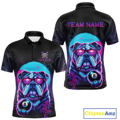 Funny Bulldog Billiard Jersey Polo & 1/4 Zip Custom Retro Neon 8 Ball Pool Team Shirt For Men TDM7517