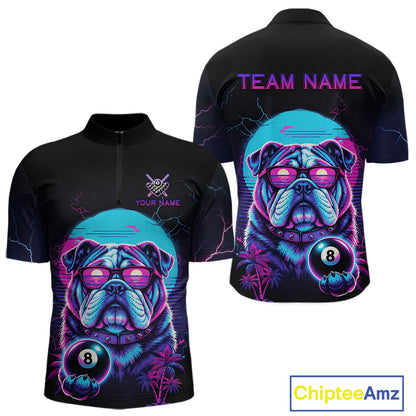 Funny Bulldog Billiard Jersey Polo & 1/4 Zip Custom Retro Neon 8 Ball Pool Team Shirt For Men TDM7517