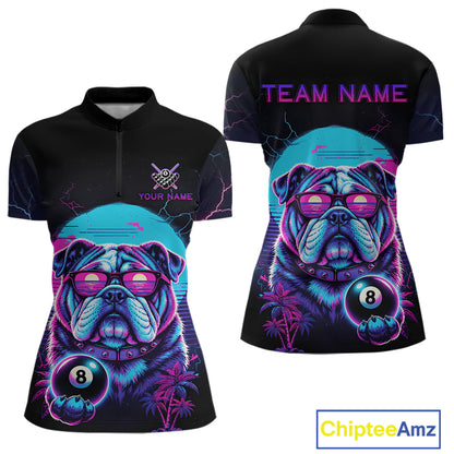 Funny Bulldog Billiard Jersey Polo & 1/4 Zip Custom Retro Neon 8 Ball Pool Team Shirt For Women TDM7517