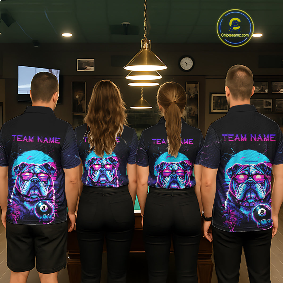 Funny Bulldog Billiard Jersey Polo & 1/4 Zip Custom Retro Neon 8 Ball Pool Team Shirt For Women TDM7517