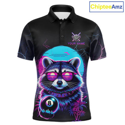 Funny Raccoon Billiard Jersey Polo & 1/4 Zip Custom Retro Neon 8 Ball Pool Team Shirt For Men TDM7518