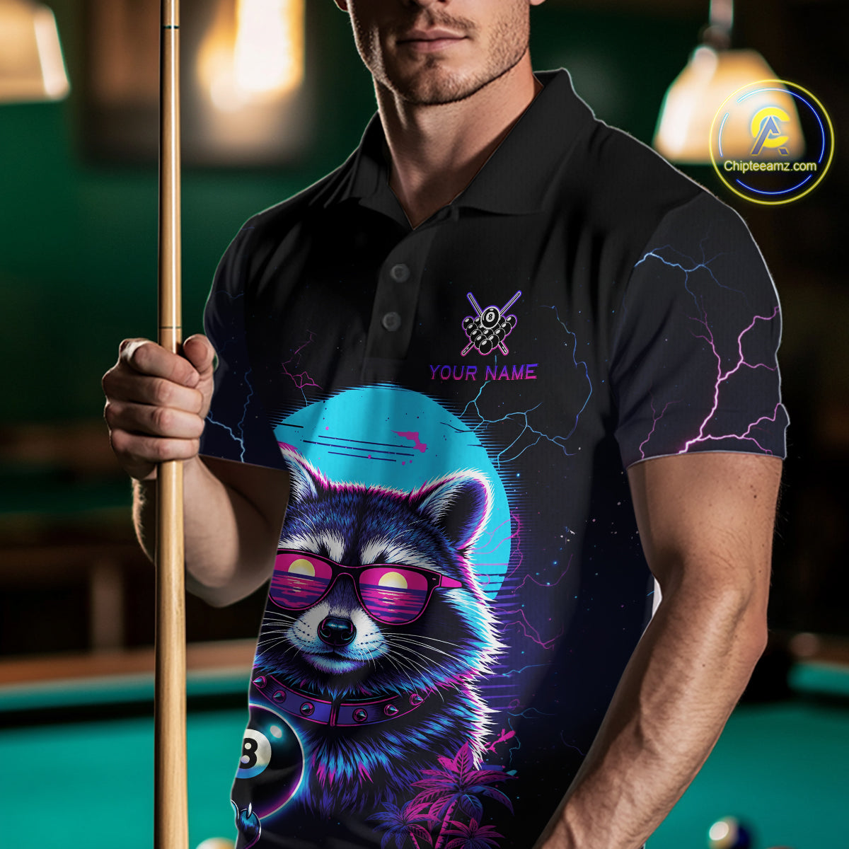 Funny Raccoon Billiard Jersey Polo & 1/4 Zip Custom Retro Neon 8 Ball Pool Team Shirt For Men TDM7518
