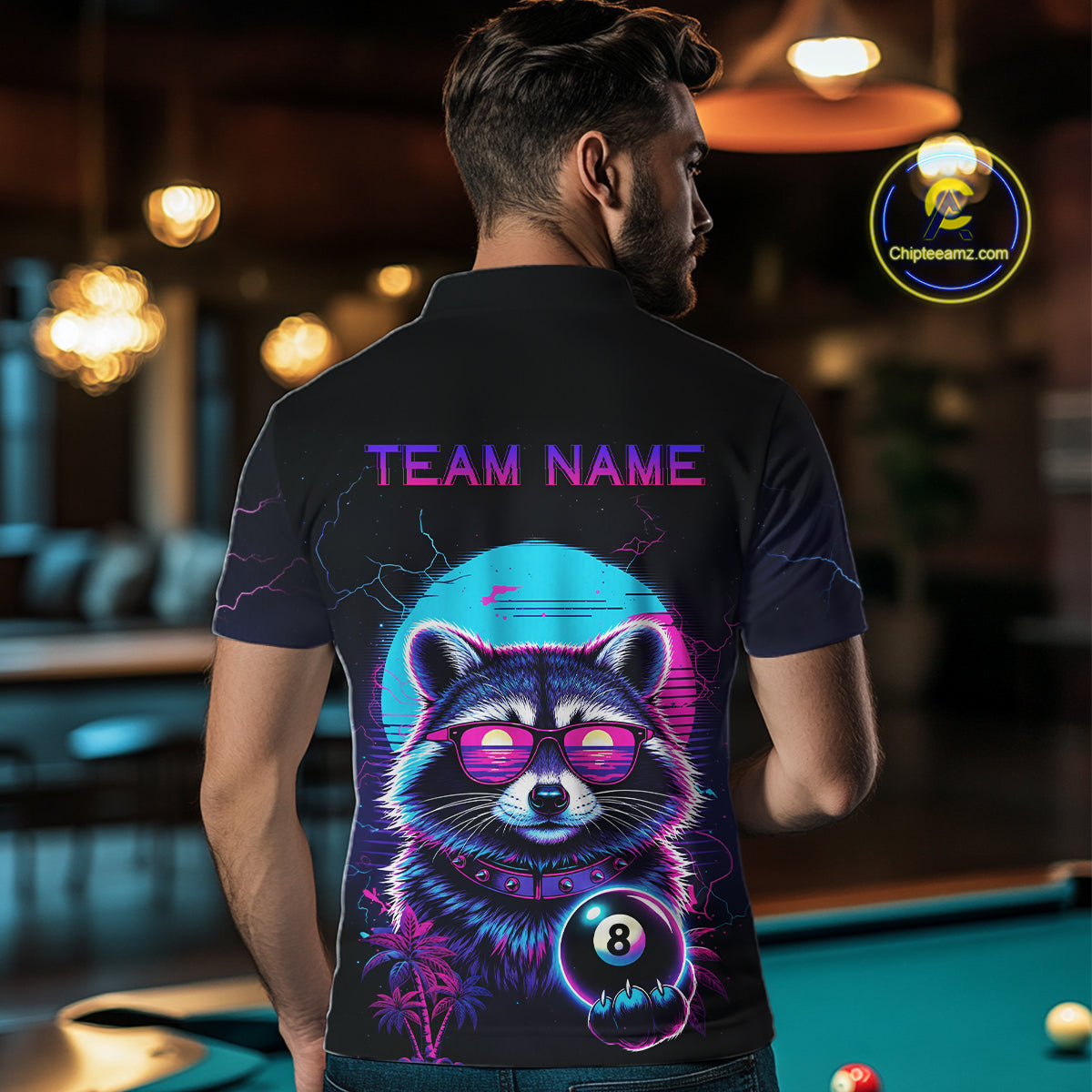 Funny Raccoon Billiard Jersey Polo & 1/4 Zip Custom Retro Neon 8 Ball Pool Team Shirt For Men TDM7518