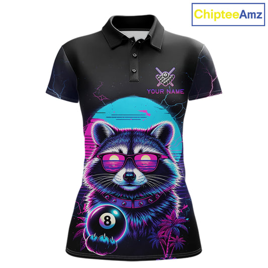 Funny Raccoon Billiard Jersey Polo & 1/4 Zip Custom Retro Neon 8 Ball Pool Team Shirt For Women TDM7518