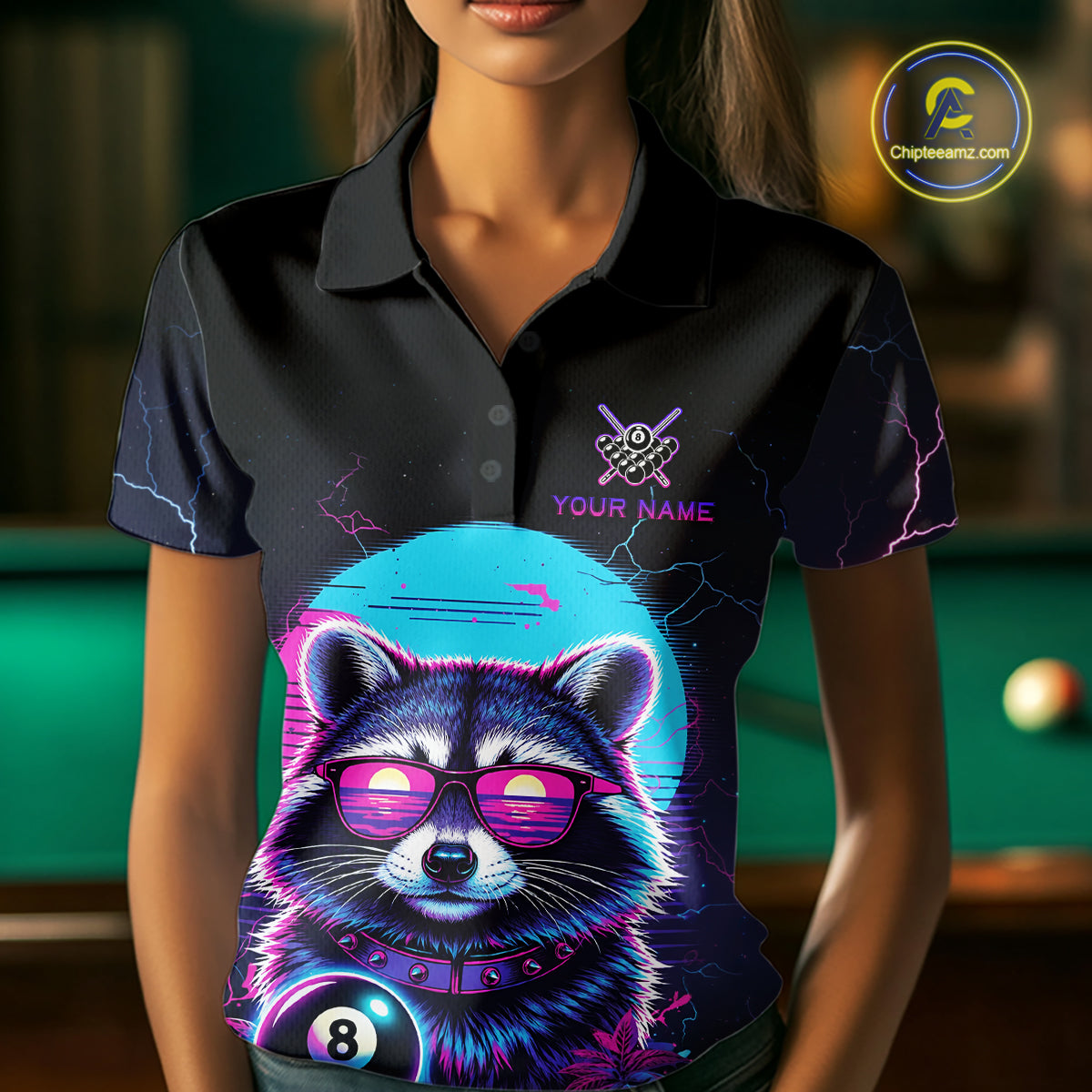 Funny Raccoon Billiard Jersey Polo & 1/4 Zip Custom Retro Neon 8 Ball Pool Team Shirt For Women TDM7518