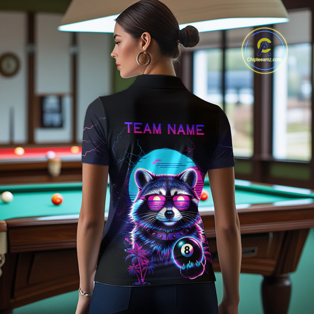 Funny Raccoon Billiard Jersey Polo & 1/4 Zip Custom Retro Neon 8 Ball Pool Team Shirt For Women TDM7518