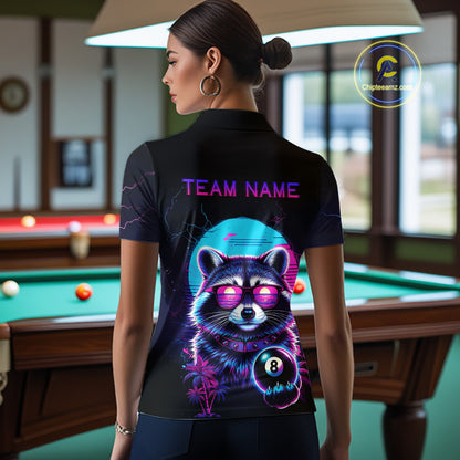 Funny Raccoon Billiard Jersey Polo & 1/4 Zip Custom Retro Neon 8 Ball Pool Team Shirt For Women TDM7518