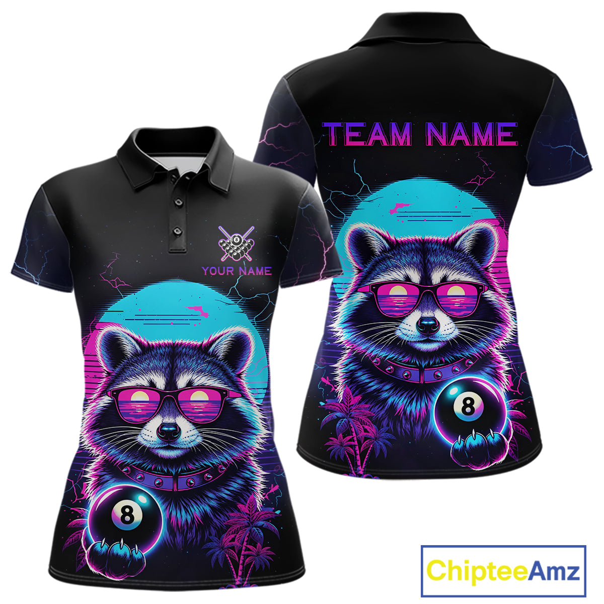 Funny Raccoon Billiard Jersey Polo & 1/4 Zip Custom Retro Neon 8 Ball Pool Team Shirt For Women TDM7518