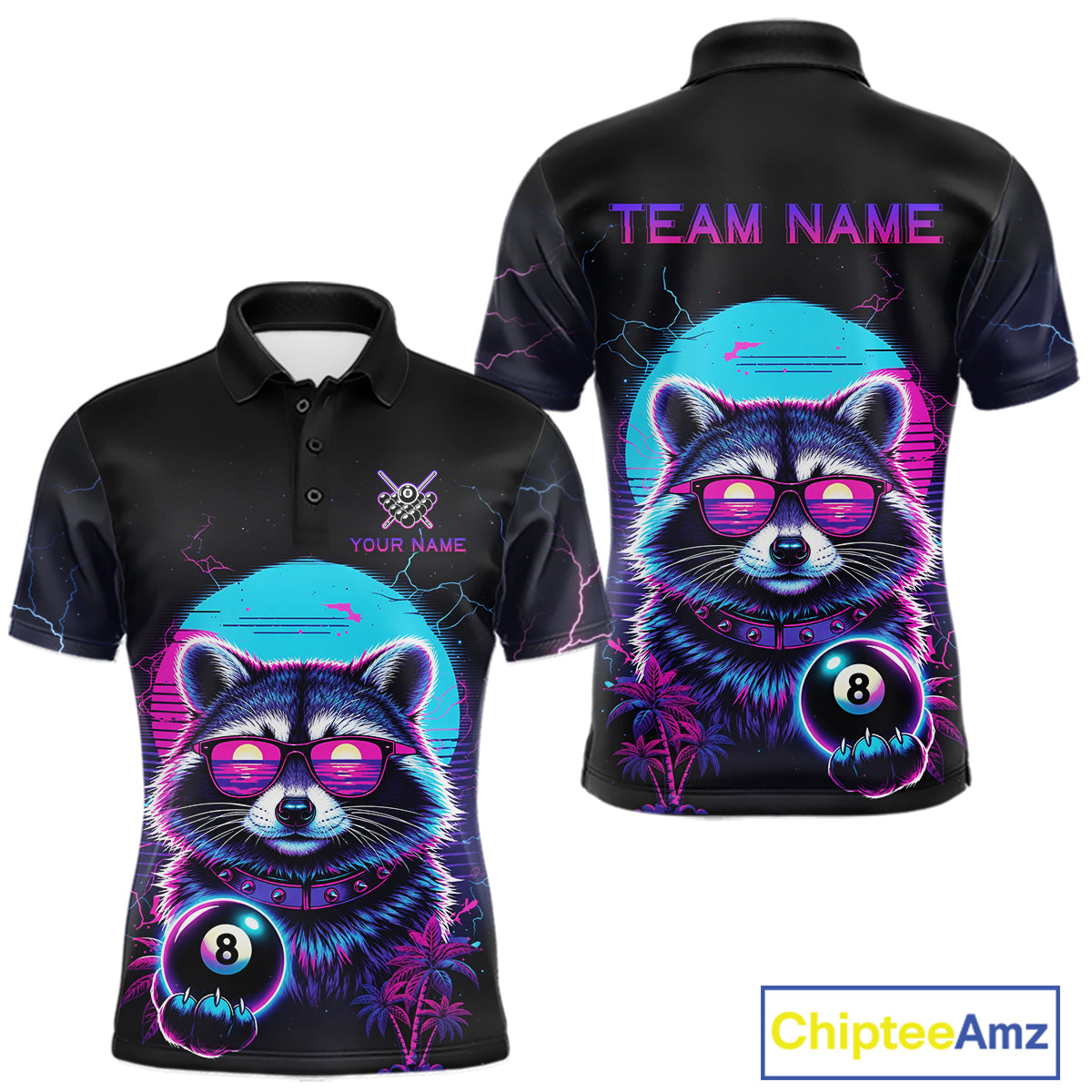 Funny Raccoon Billiard Jersey Polo & 1/4 Zip Custom Retro Neon 8 Ball Pool Team Shirt For Men TDM7518