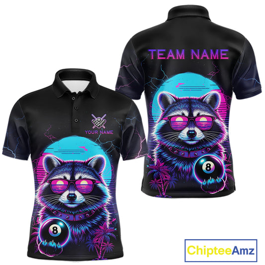 Funny Raccoon Billiard Jersey Polo & 1/4 Zip Custom Retro Neon 8 Ball Pool Team Shirt For Men TDM7518