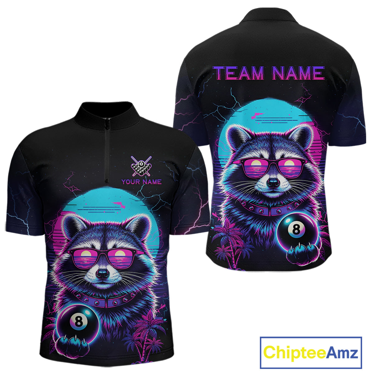 Funny Raccoon Billiard Jersey Polo & 1/4 Zip Custom Retro Neon 8 Ball Pool Team Shirt For Men TDM7518