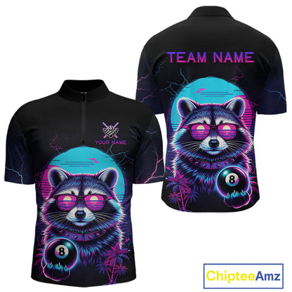 Funny Raccoon Billiard Jersey Polo & 1/4 Zip Custom Retro Neon 8 Ball Pool Team Shirt For Men TDM7518