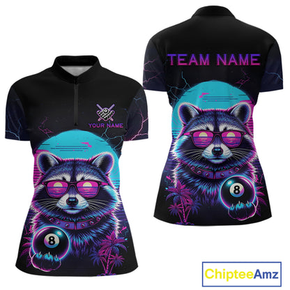 Funny Raccoon Billiard Jersey Polo & 1/4 Zip Custom Retro Neon 8 Ball Pool Team Shirt For Women TDM7518