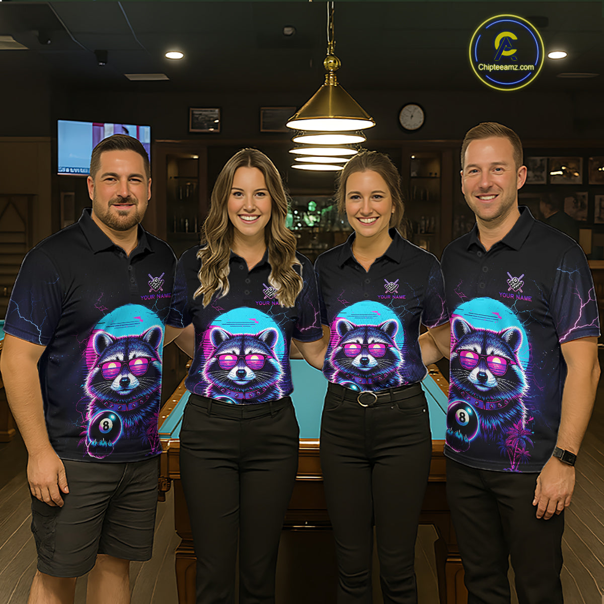 Funny Raccoon Billiard Jersey Polo & 1/4 Zip Custom Retro Neon 8 Ball Pool Team Shirt For Women TDM7518