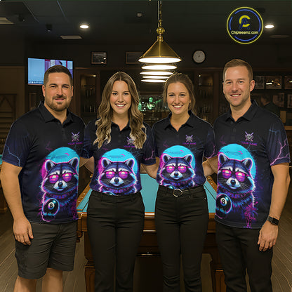 Funny Raccoon Billiard Jersey Polo & 1/4 Zip Custom Retro Neon 8 Ball Pool Team Shirt For Women TDM7518
