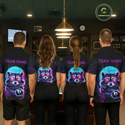 Funny Raccoon Billiard Jersey Polo & 1/4 Zip Custom Retro Neon 8 Ball Pool Team Shirt For Women TDM7518