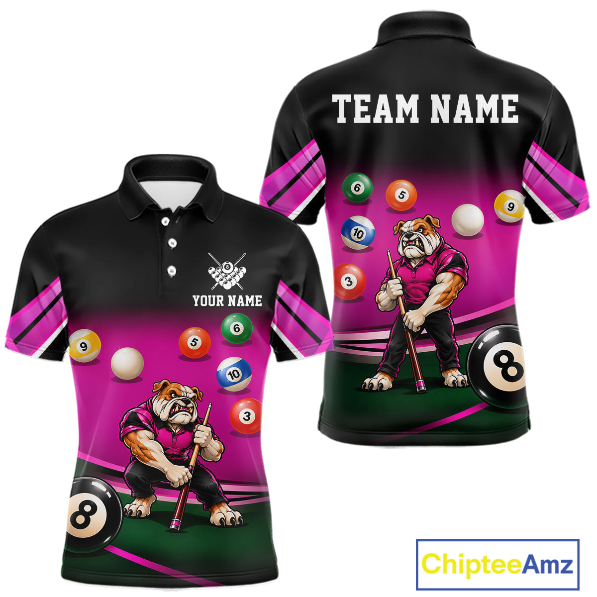 Pink Funny Bulldog Billiard Shirts For Men Custom 8 Ball Pool Team Jersey Polo & Quarter Zip TDM7903
