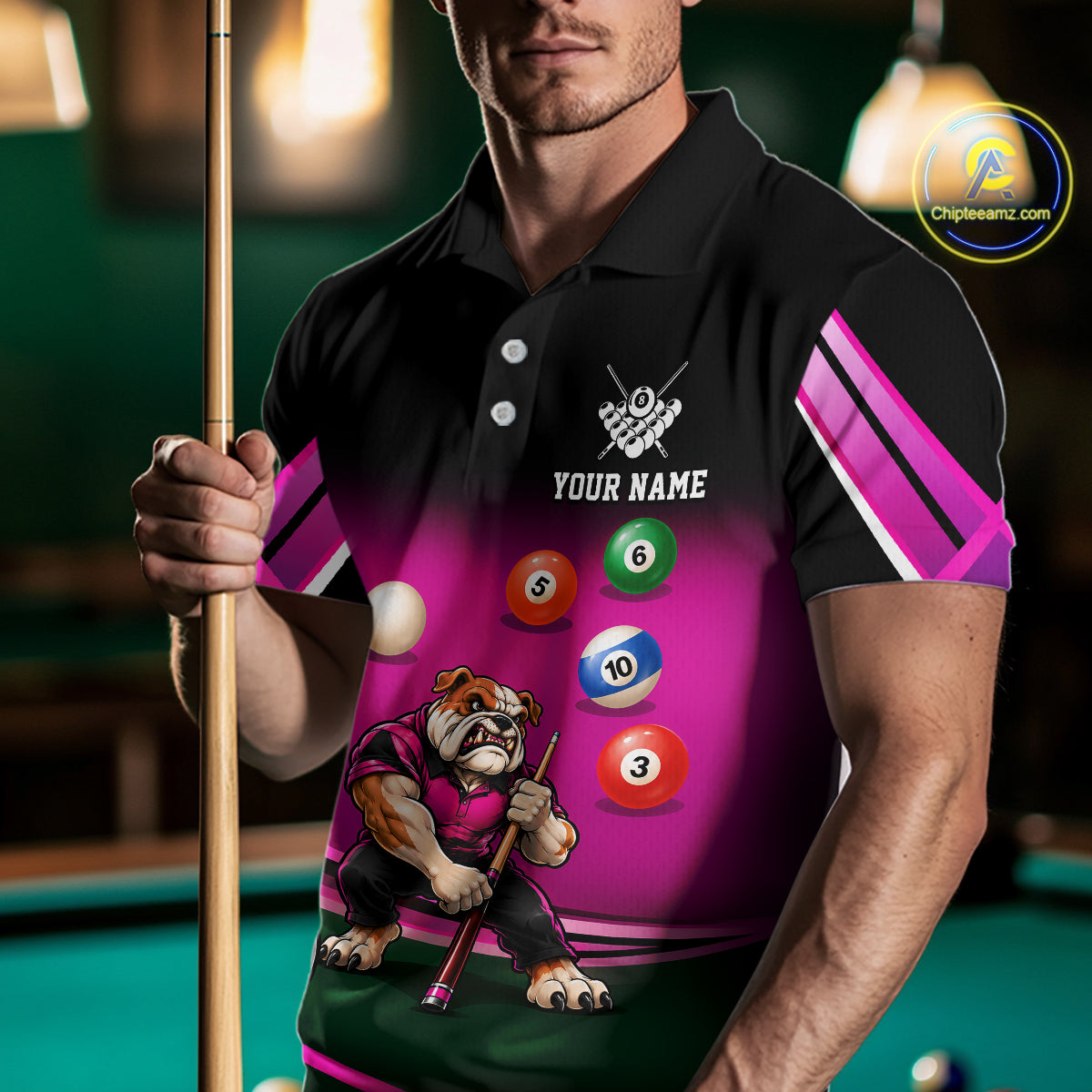 Pink Funny Bulldog Billiard Shirts For Men Custom 8 Ball Pool Team Jersey Polo & Quarter Zip TDM7903
