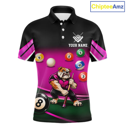 Pink Funny Bulldog Billiard Shirts For Men Custom 8 Ball Pool Team Jersey Polo & Quarter Zip TDM7903