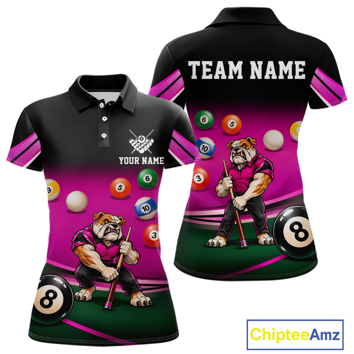 Pink Funny Bulldog Billiard Shirts For Women Custom 8 Ball Pool Team Jersey Polo & Quarter Zip TDM7903